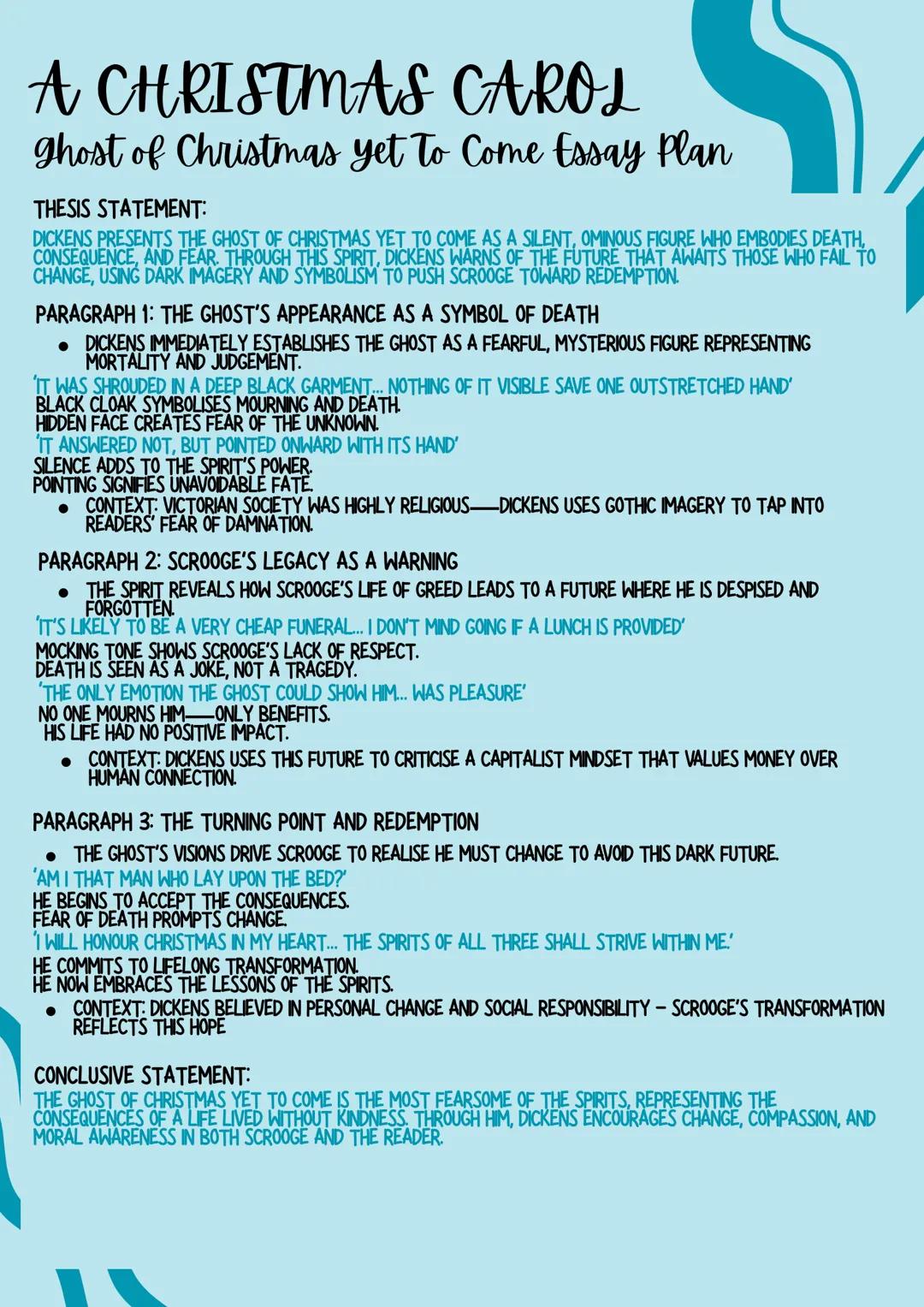 --- OCR Start ---
A CHRISTMAS CAROL
ghost of Christmas yet To Come Essay Plan
THESIS STATEMENT:
DICKENS PRESENTS THE GHOST OF CHRISTMAS YET 