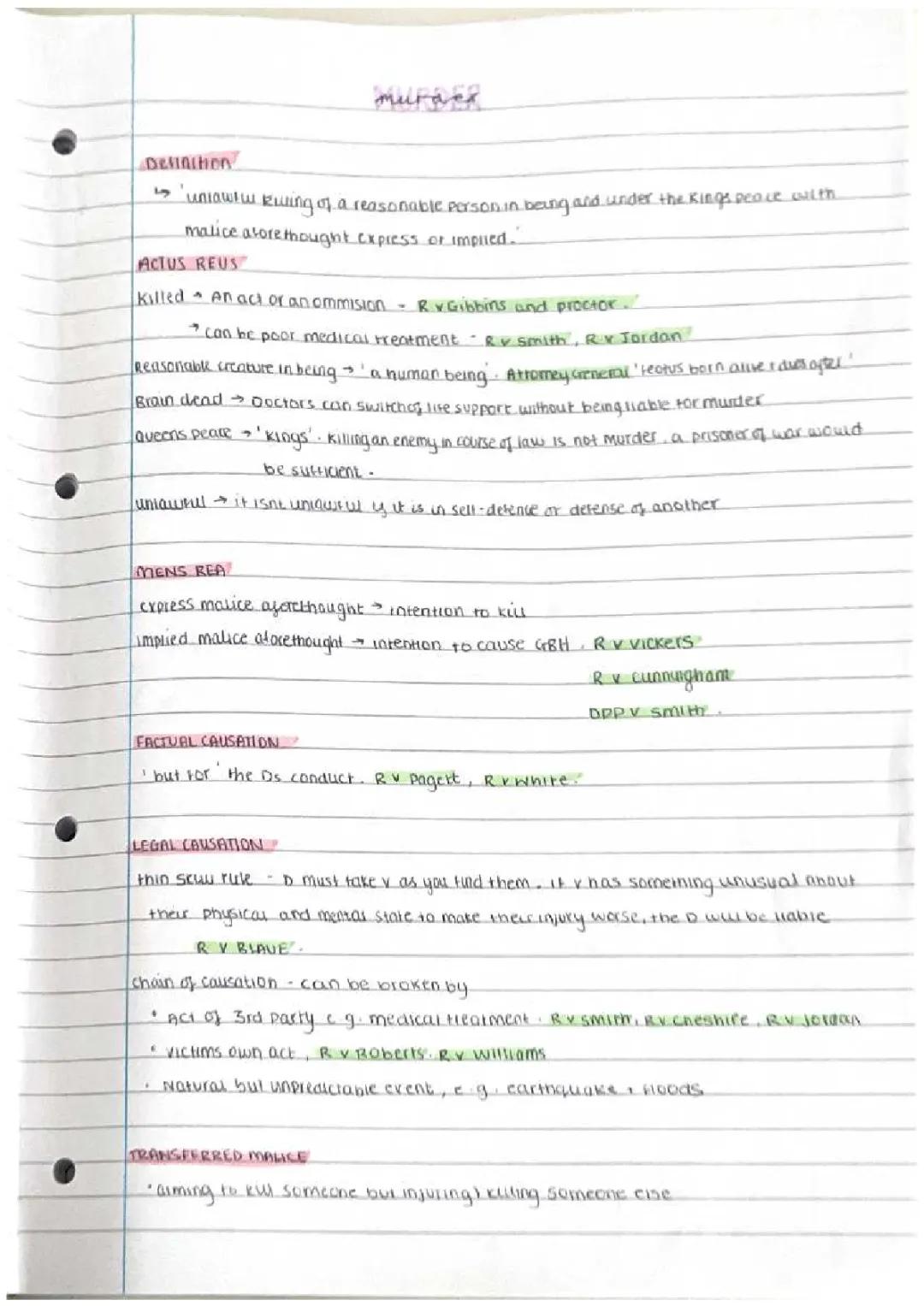 OCR A-Level Law: Murder Case Study Notes