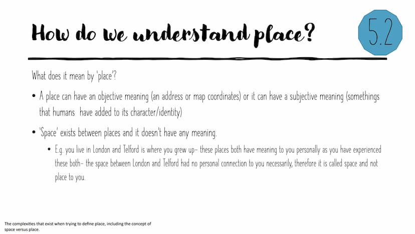 Changing
spaces;
making
places
Revision powerpoint What's in a
●
How does one place differ to another?
What are the similarities and interco
