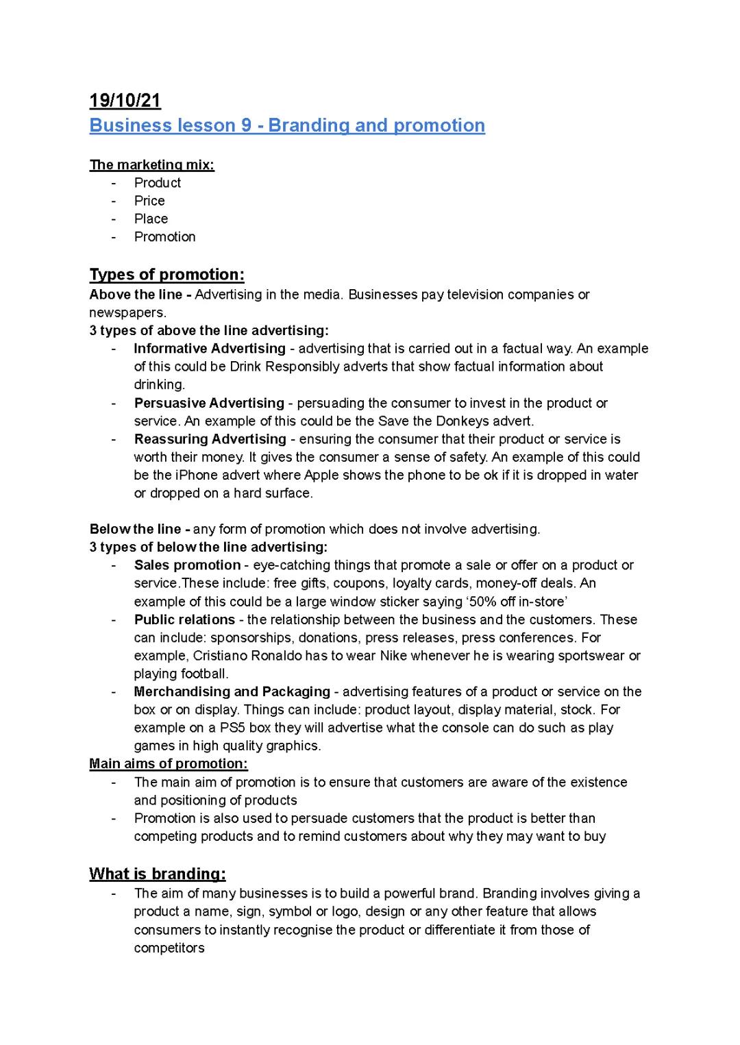 Business Studies - Branding and Promotion