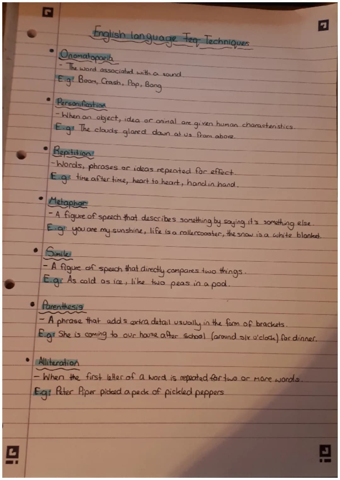 4
English language Fee Techniques
Onomatopoeia
The word associated with a sound.
E.g. Boom, Crash, Pop, Bang
•Personification
- When an obje