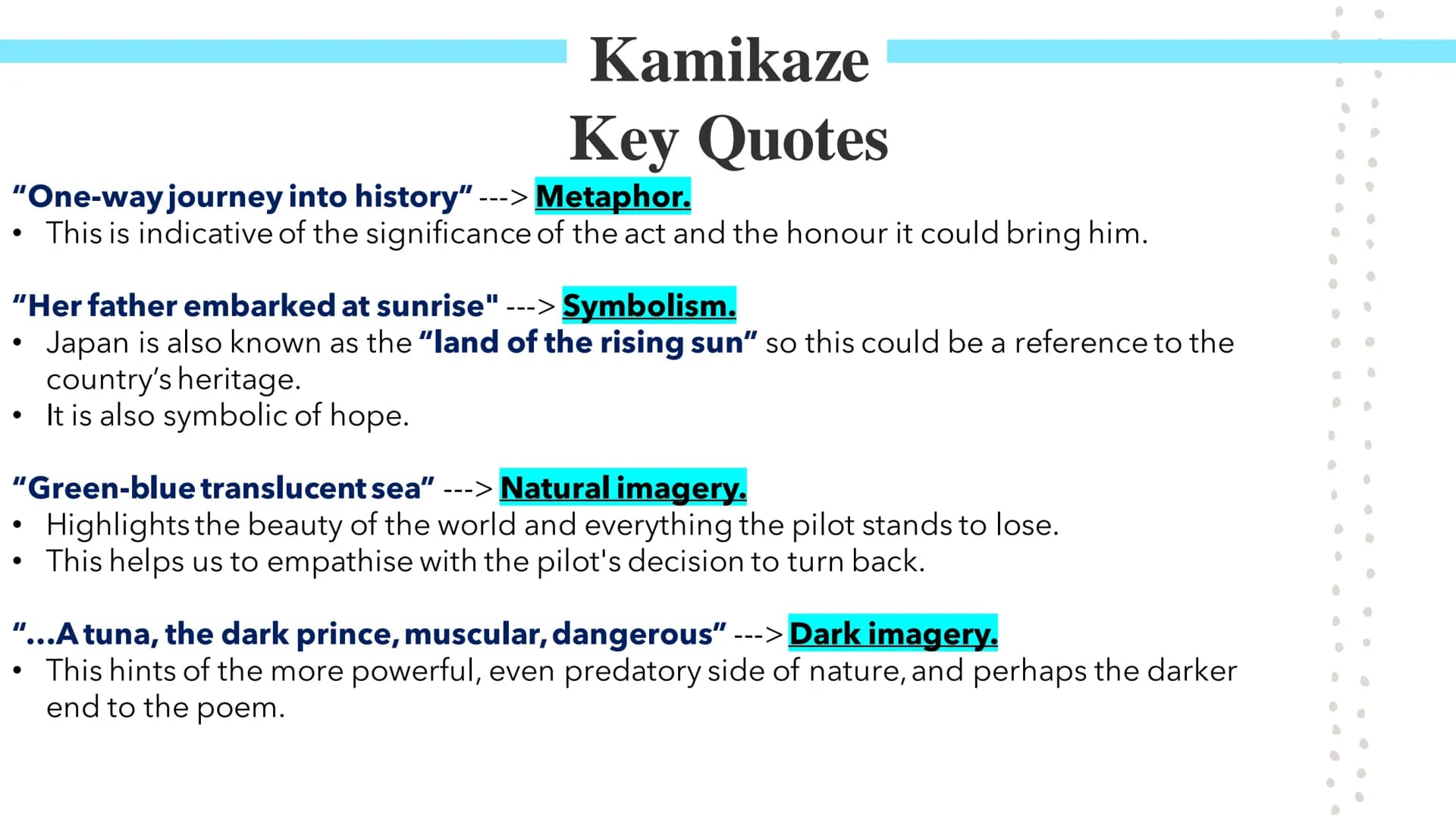 Kamikaze!
Poetry GCSEs Kamikaze
Summary & Key Ideas
In Beatrice Garland's Kamikaze, the speaker describes her father, a Kamikaze pilot, head