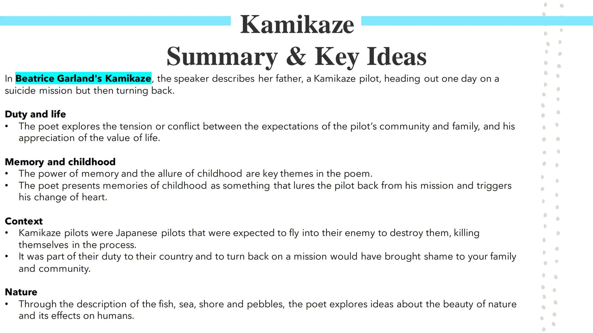 Kamikaze!
Poetry GCSEs Kamikaze
Summary & Key Ideas
In Beatrice Garland's Kamikaze, the speaker describes her father, a Kamikaze pilot, head