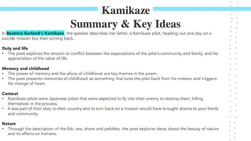 Kamikaze!
Poetry GCSEs Kamikaze
Summary & Key Ideas
In Beatrice Garland's Kamikaze, the speaker describes her father, a Kamikaze pilot, head