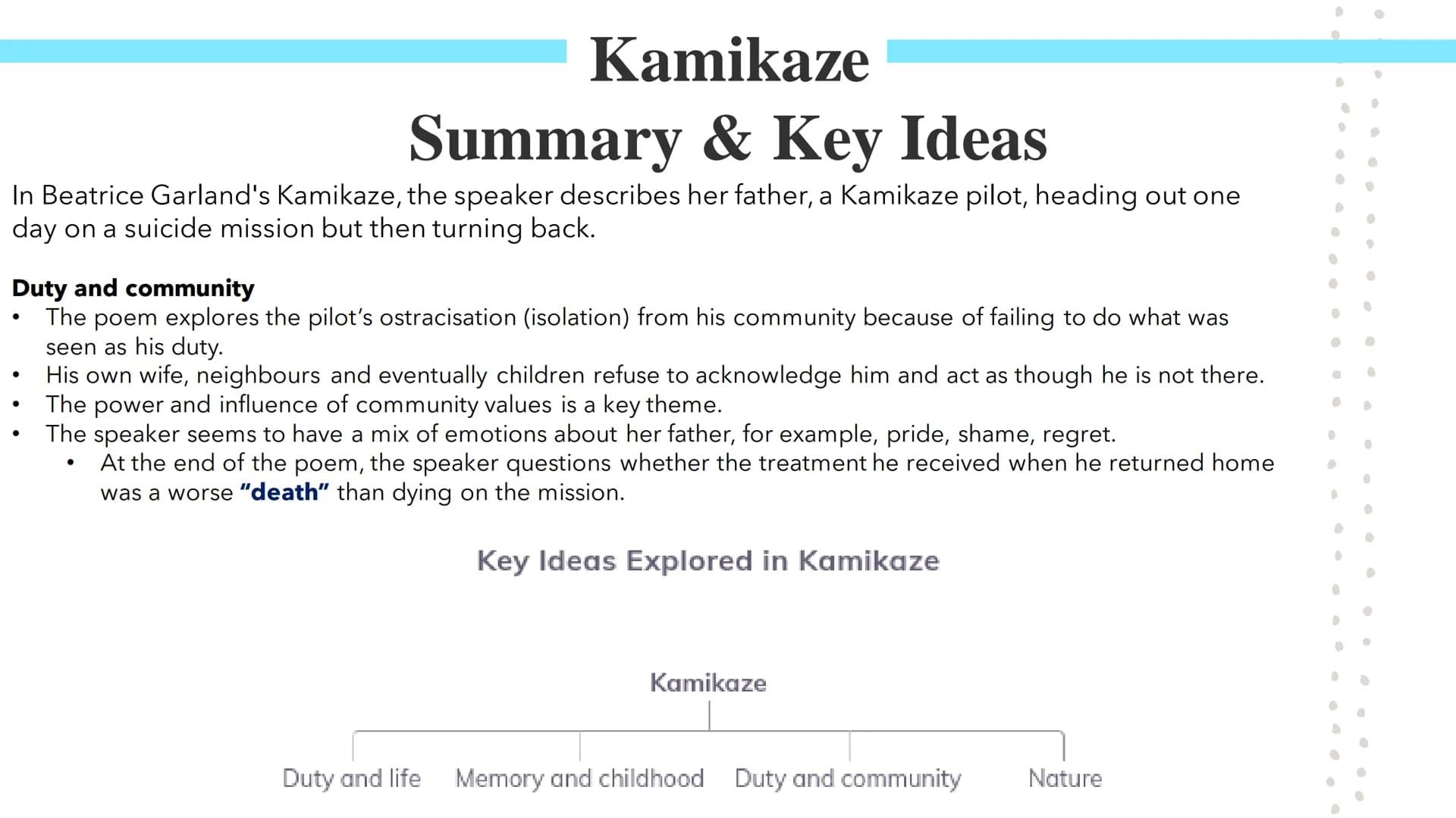 Kamikaze!
Poetry GCSEs Kamikaze
Summary & Key Ideas
In Beatrice Garland's Kamikaze, the speaker describes her father, a Kamikaze pilot, head