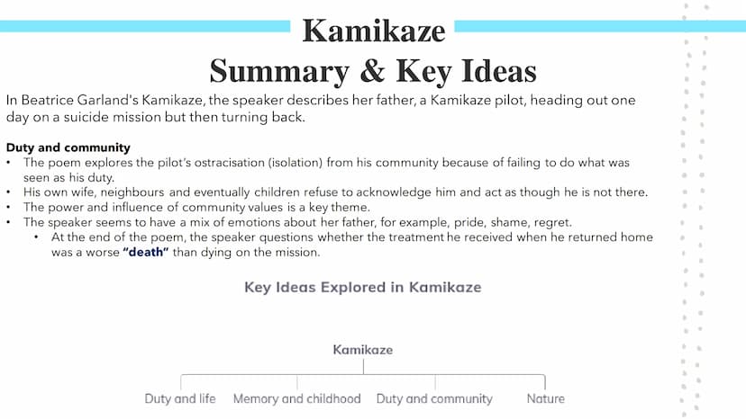 Kamikaze!
Poetry GCSEs Kamikaze
Summary & Key Ideas
In Beatrice Garland's Kamikaze, the speaker describes her father, a Kamikaze pilot, head