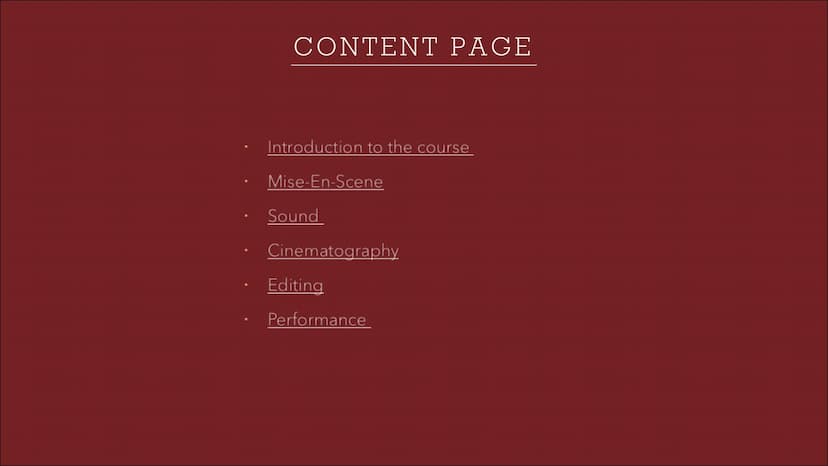 EDUQAS A-LEVEL FILM
STUDIES
Year One Complete Guide CONTENT PAGE
Introduction to the course
Mise-En-Scene
Sound
Cinematography
Editing
Perfo