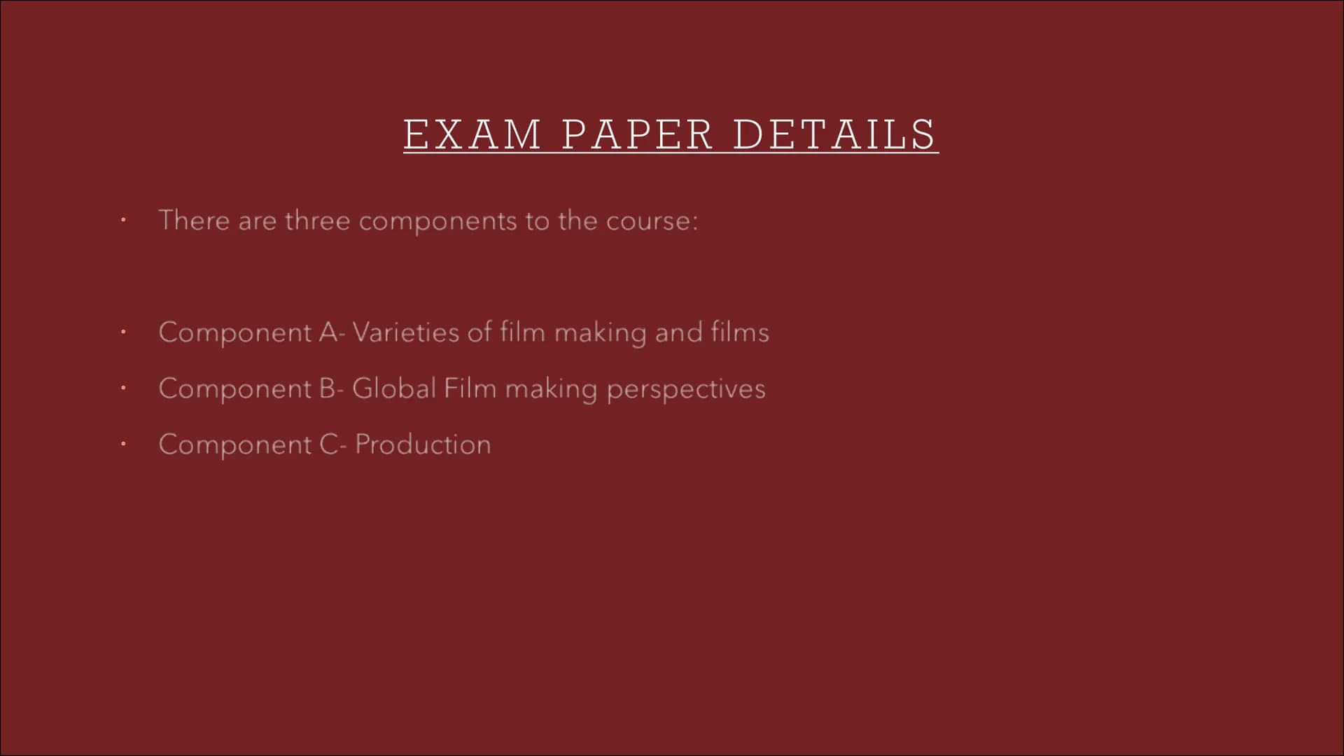 EDUQAS A-LEVEL FILM
STUDIES
Year One Complete Guide CONTENT PAGE
Introduction to the course
Mise-En-Scene
Sound
Cinematography
Editing
Perfo