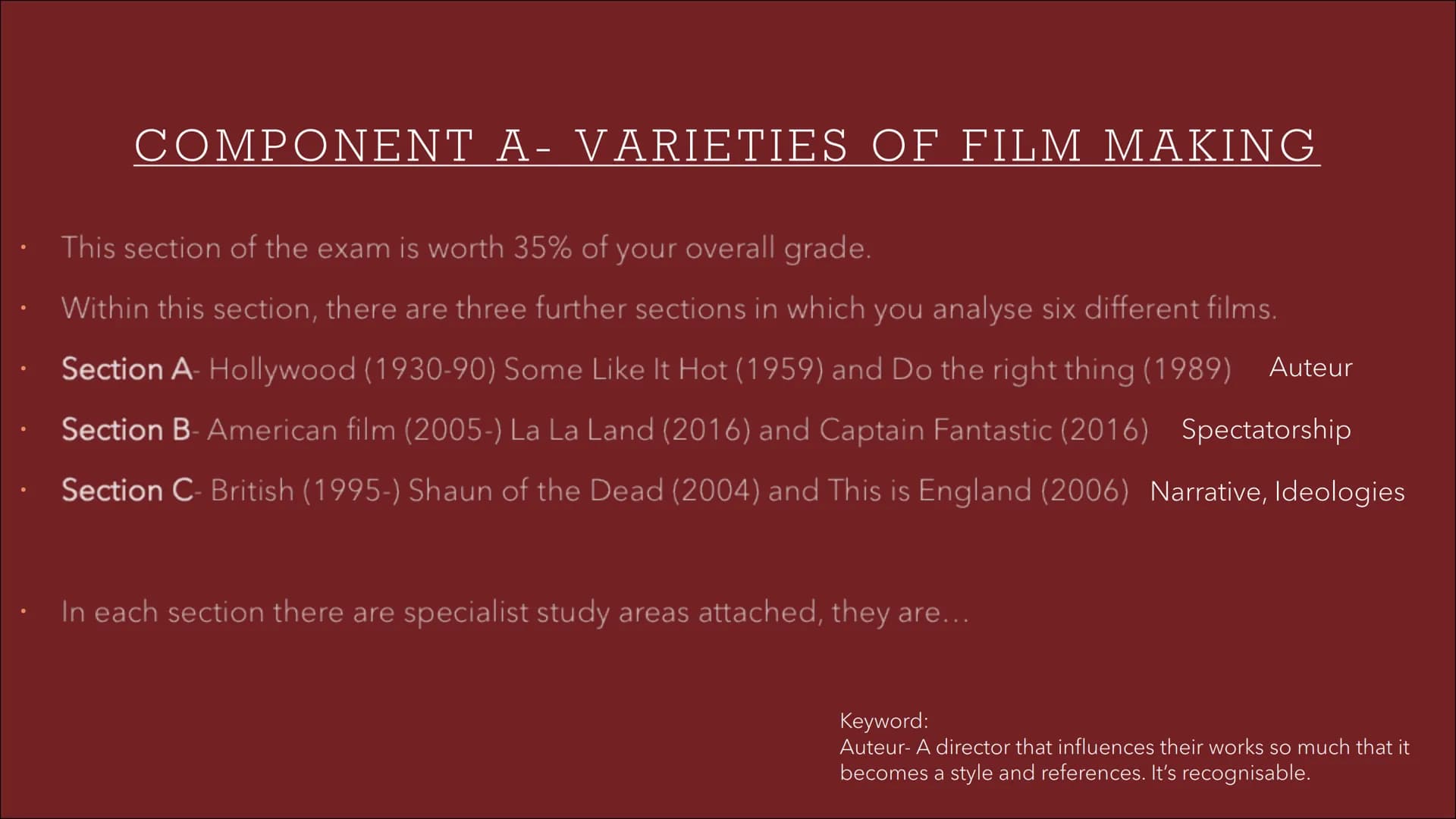 EDUQAS A-LEVEL FILM
STUDIES
Year One Complete Guide CONTENT PAGE
Introduction to the course
Mise-En-Scene
Sound
Cinematography
Editing
Perfo