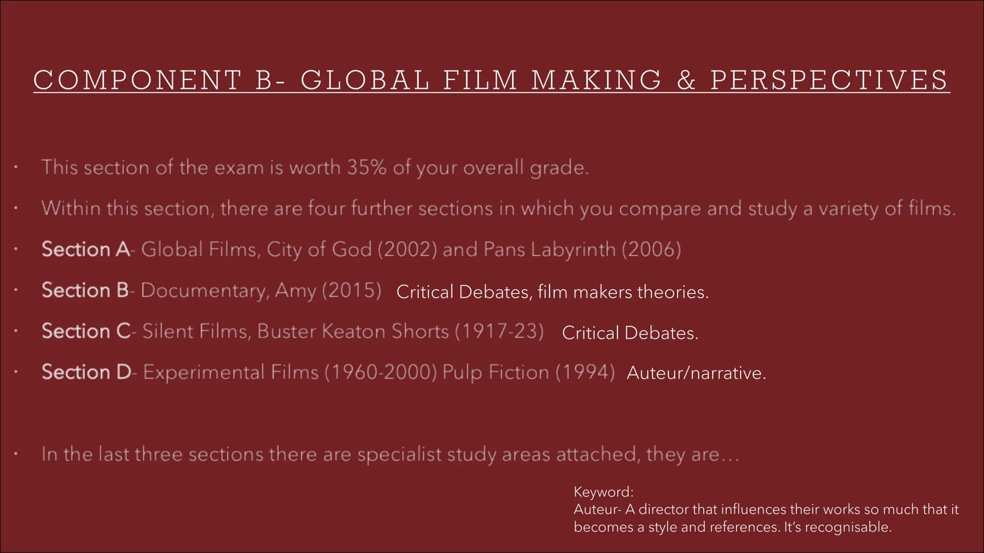 EDUQAS A-LEVEL FILM
STUDIES
Year One Complete Guide CONTENT PAGE
Introduction to the course
Mise-En-Scene
Sound
Cinematography
Editing
Perfo