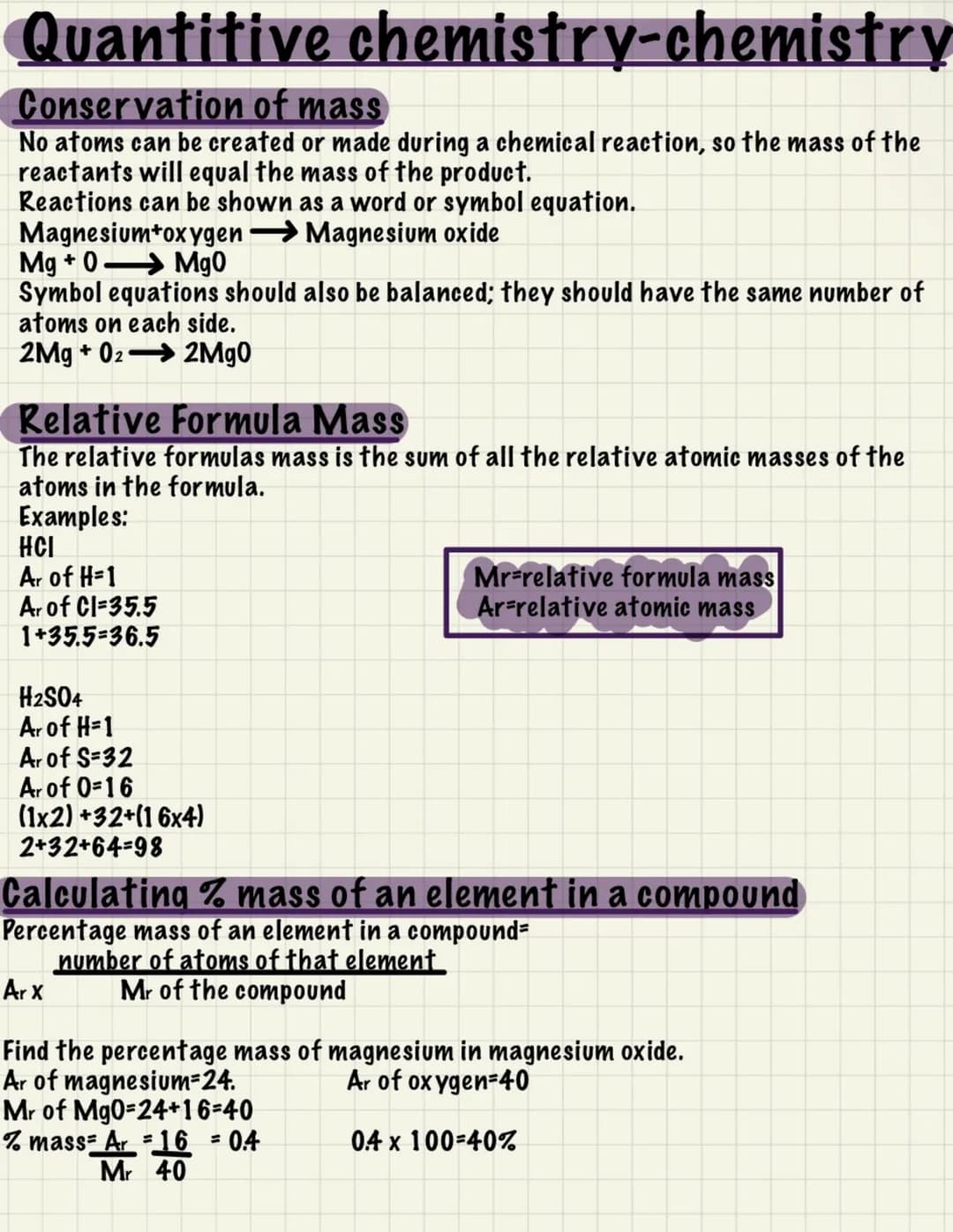 Quantitive chemistry-chemistry
Conservation of mass
No atoms can be created or made during a chemical reaction, so the mass of the
reactants