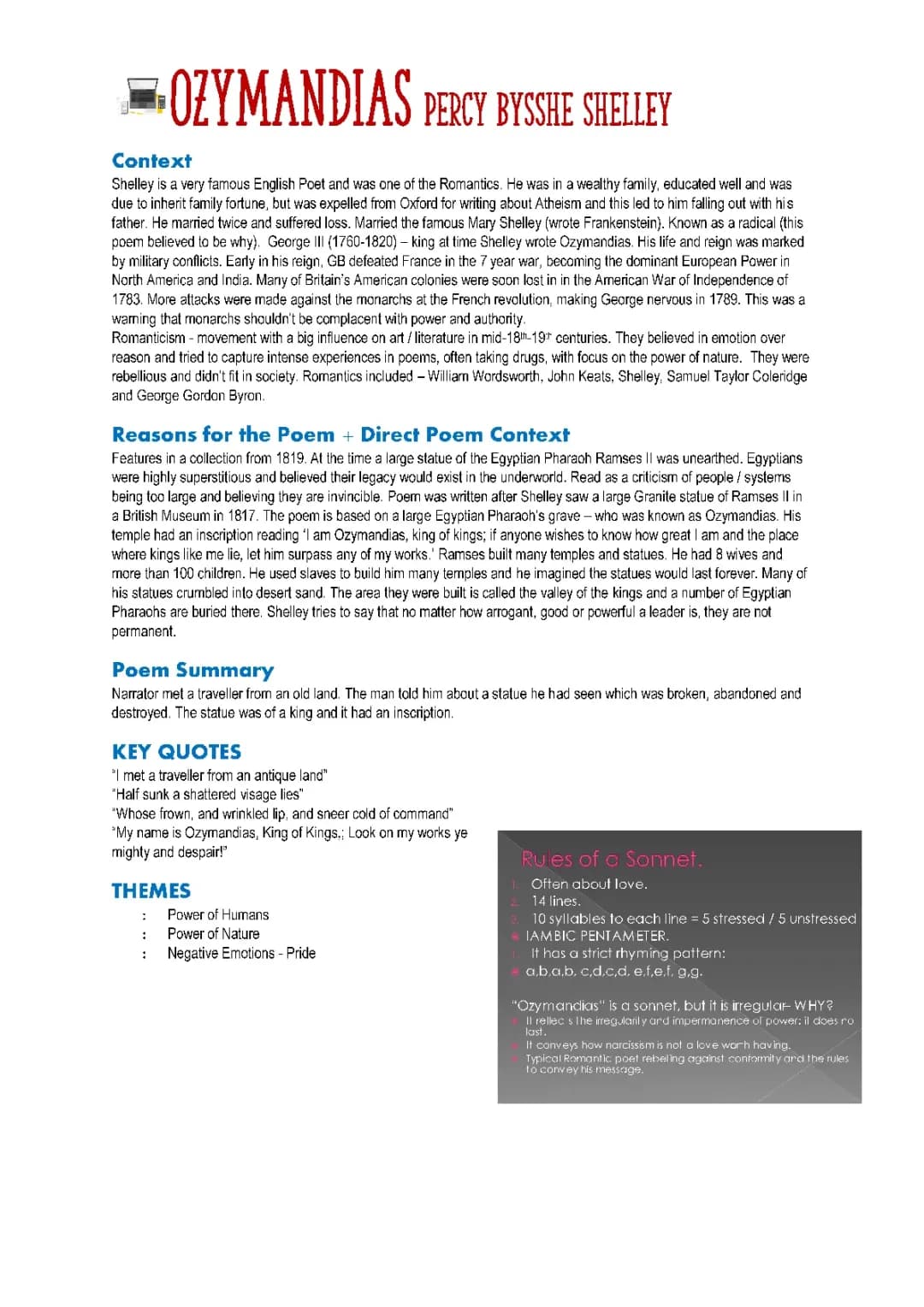 Ozymandias Context and Summary - Power and Conflict Poetry