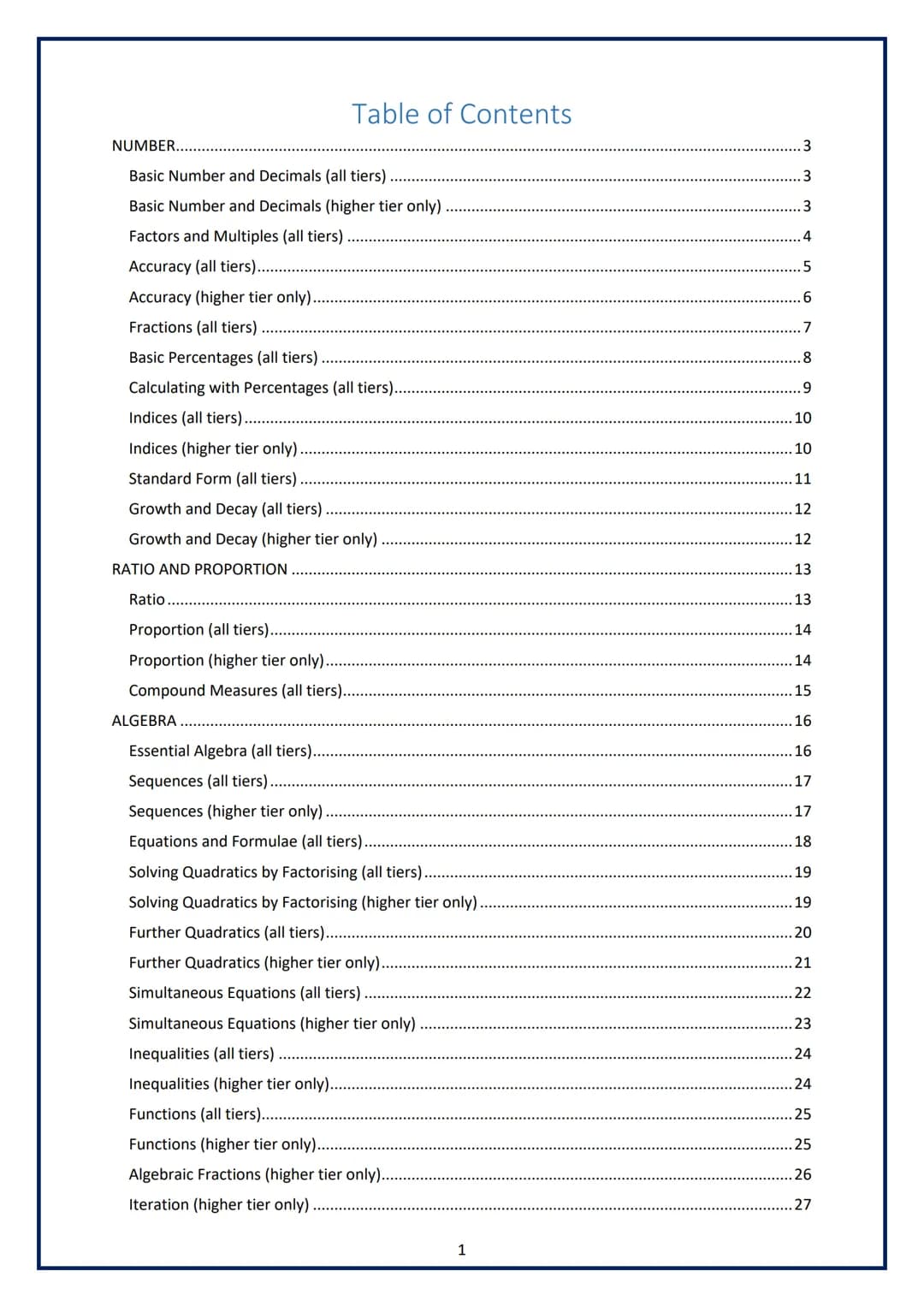 Knowledge Organiser
GCSE MATHS
Years 9-11 (all tiers)
THE MAGNA CARTA SCHOOL Table of Contents
NUMBER..
Basic Number and Decimals (all tiers