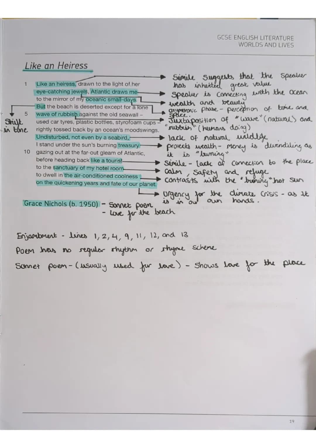 AQA World's and Lives "Like an Heiress" poem