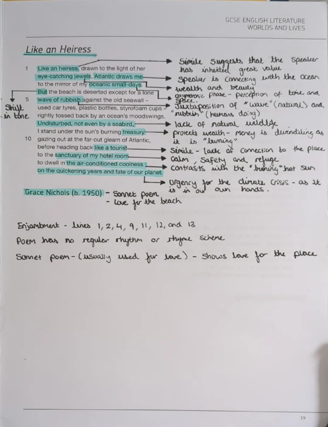 GCSE ENGLISH LITERATURE
WORLDS AND LIVES
Shift
1
Like an Heiress
5
in tone
Like an heiress, drawn to the light of her
eye-catching jewels, A