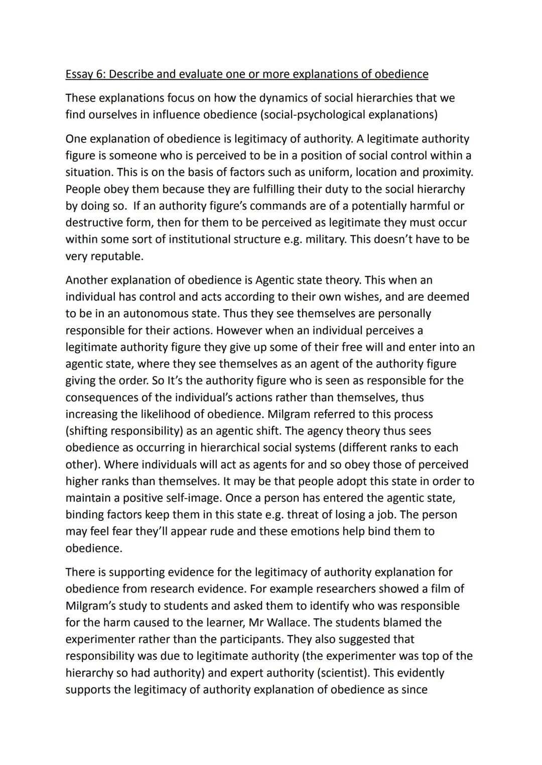 Essay 6: Describe and evaluate one or more explanations of obedience
These explanations focus on how the dynamics of social hierarchies that