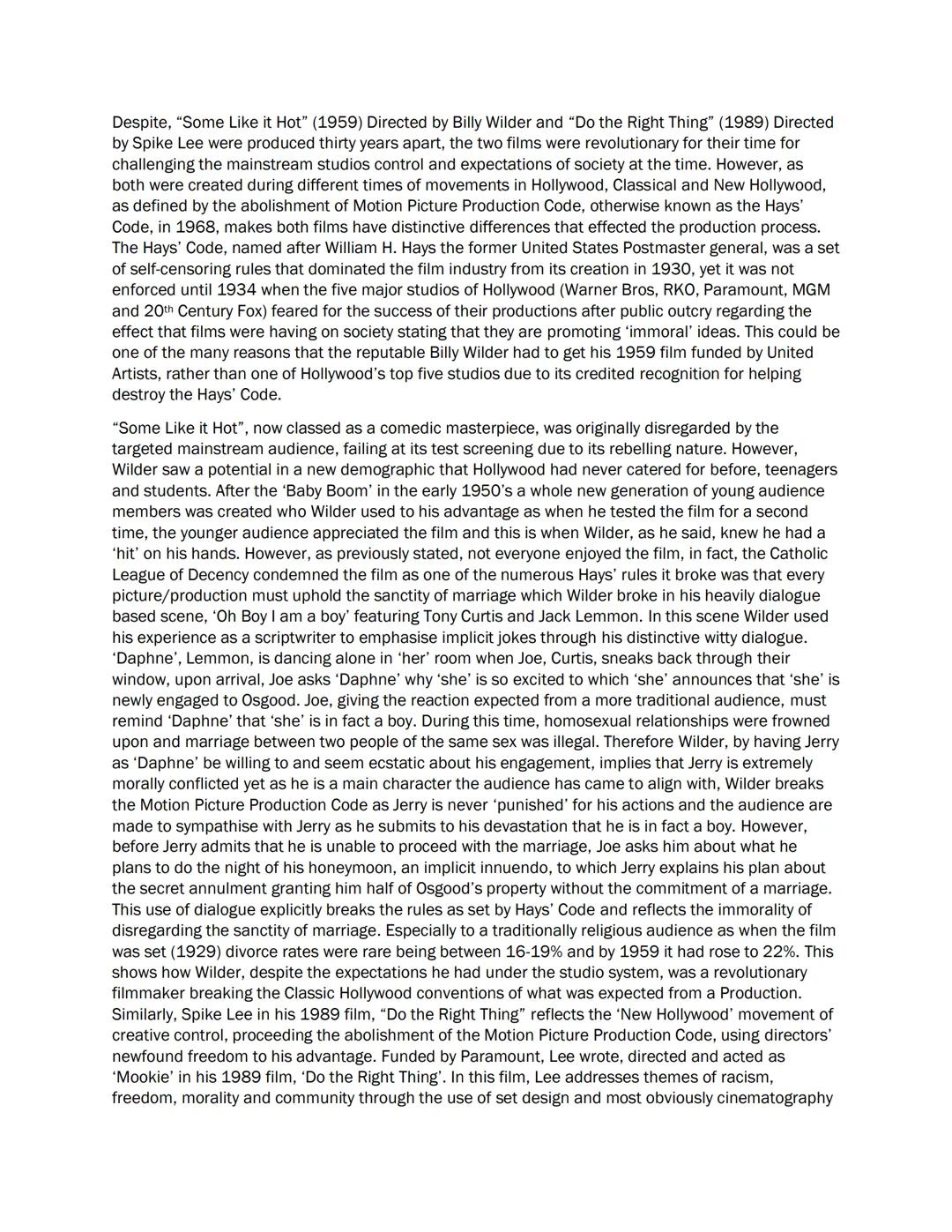 Exploring 'Some Like it Hot' (1959) and 'Do the Right Thing' (1989)