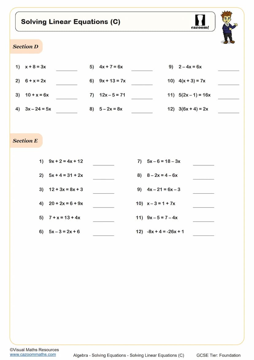 Solving Linear Equations (C)
Section A
Solve the following equations.
Some questions will have negative, fraction or decimal answers.
1) 4x 