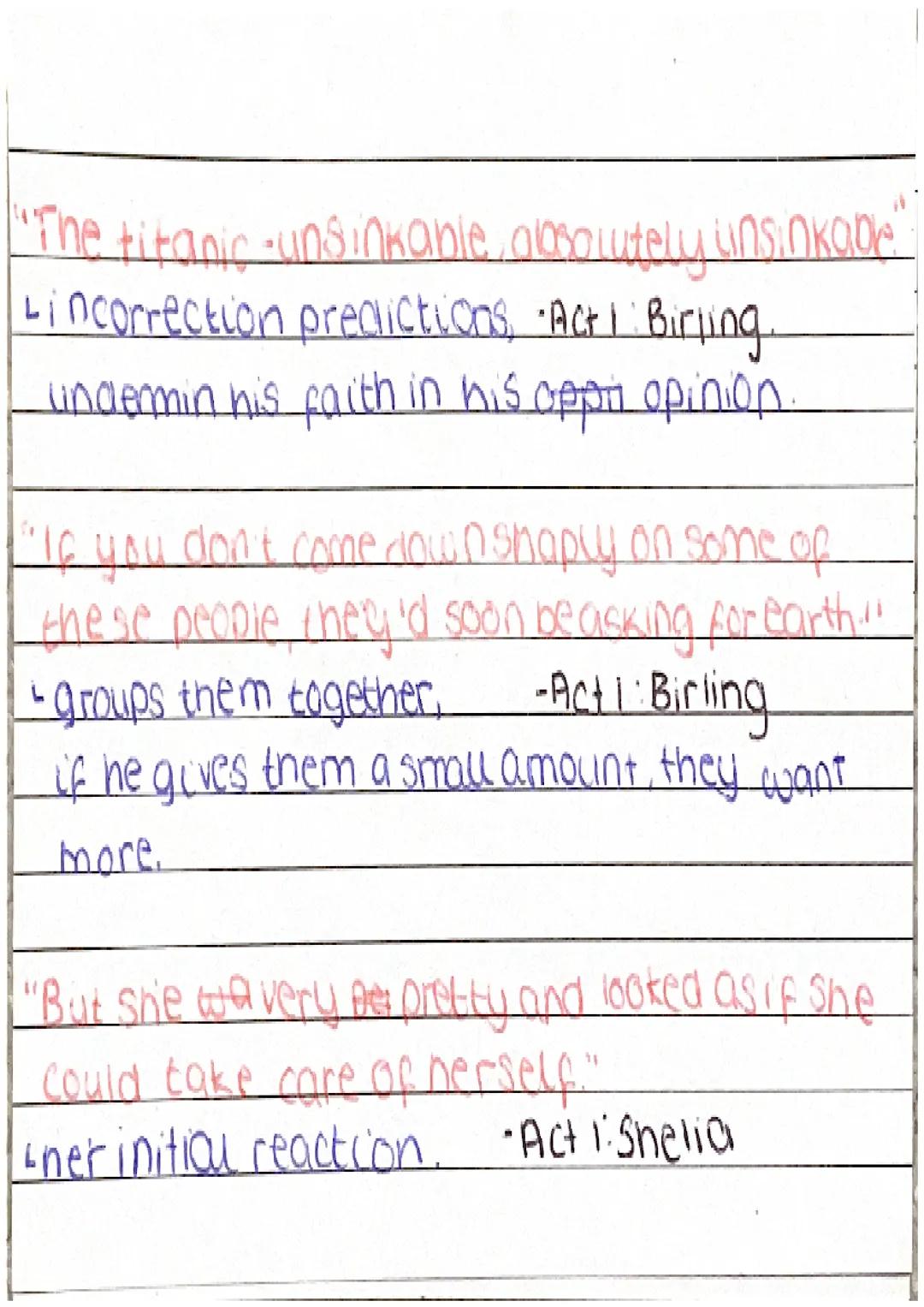 iP
ff
stor
Key QUOTETATIONS
Sales "The titanic "unsinkable, alosolutely unsinkable"
Lincorrection predictions, ・Act 1: Birling.
lindermin hi