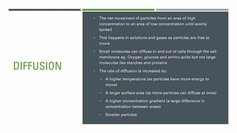 DIFFUSION,
OSMOSIS
AND
ACTIVE
TRANSPORT DIFFUSION
The net movement of particles from an area of high
concentration to an area of low concent