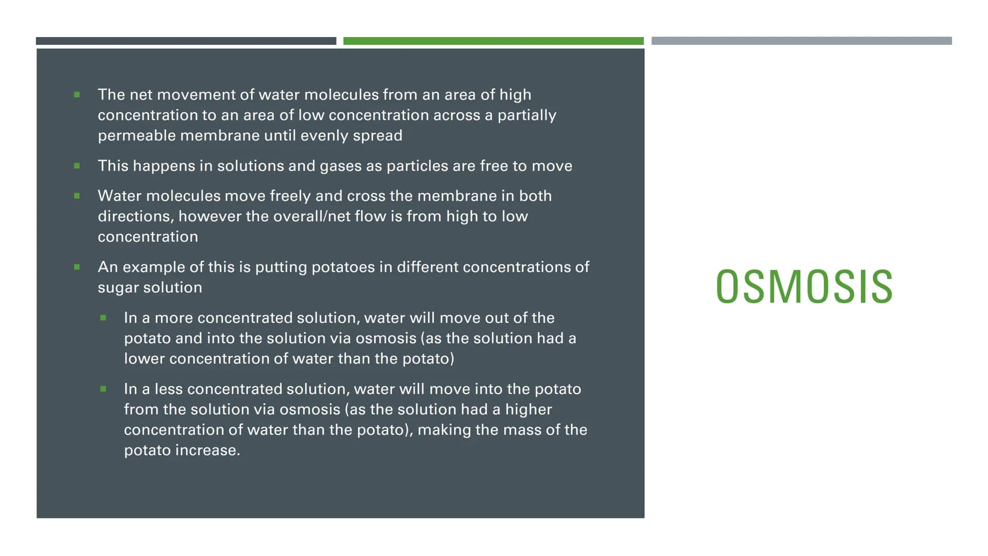 DIFFUSION,
OSMOSIS
AND
ACTIVE
TRANSPORT DIFFUSION
The net movement of particles from an area of high
concentration to an area of low concent