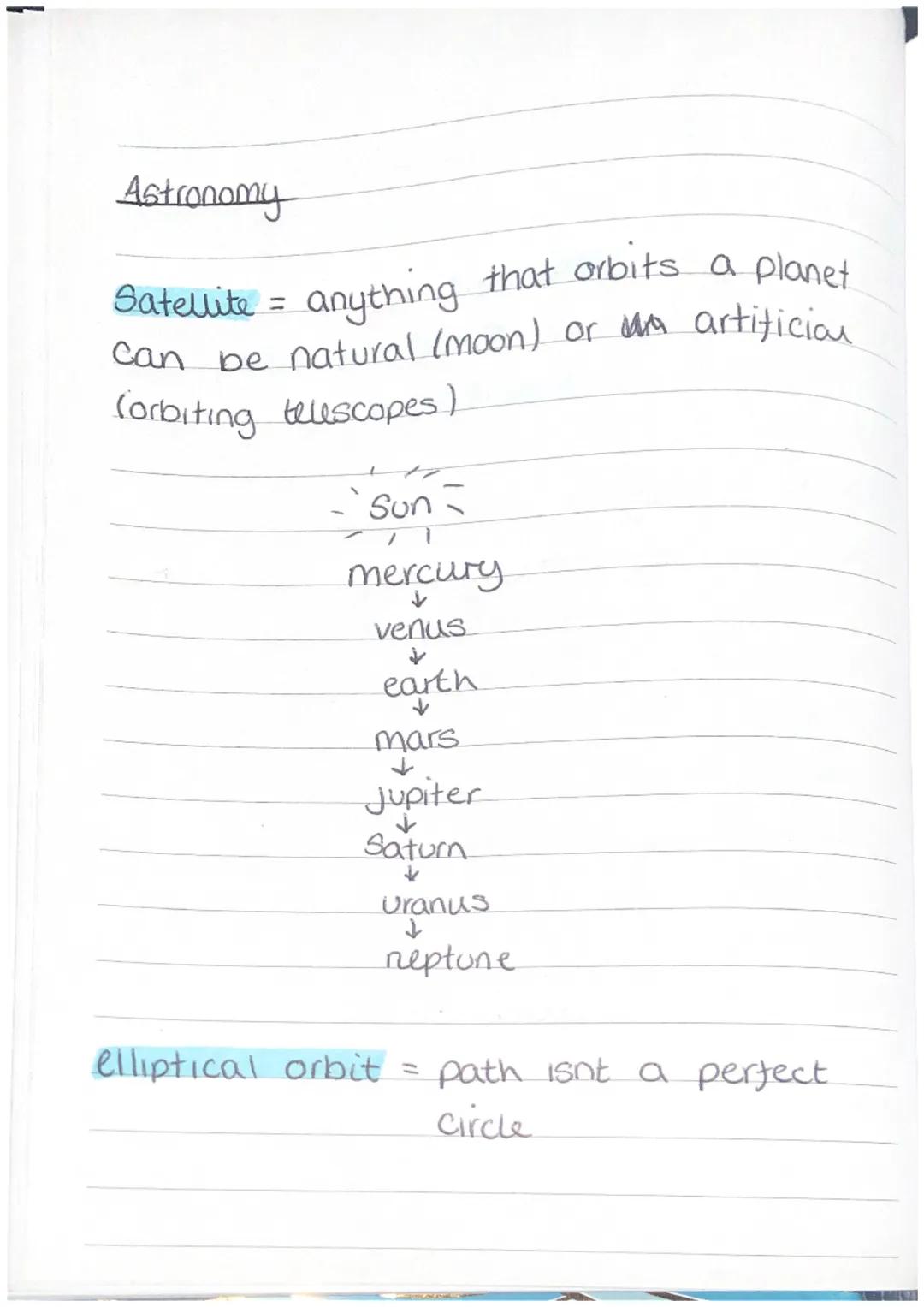 Astronomy

Satellite = anything that orbits a planet.
can be natural (moon) or wa artificial
(orbiting telescopes)

-Sun

mercury

venus
+
e