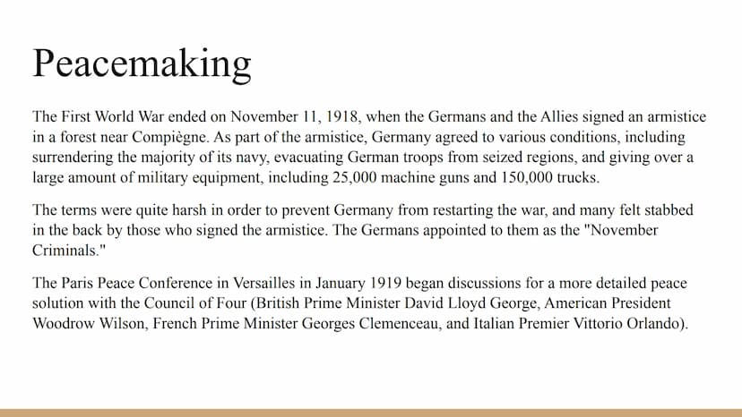 Conflict And
Tension
The inter-war years, 1918-1939
- Part 1: Peacemaking Peacemaking
The First World War ended on November 11, 1918, when t