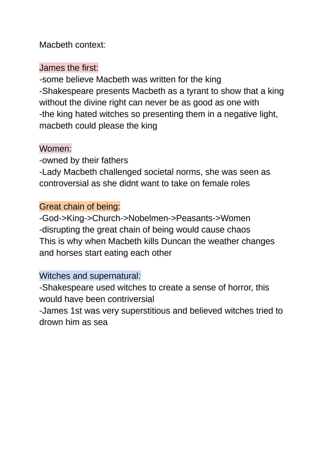 Macbeth context:
James the first:
-some believe Macbeth was written for the king
-Shakespeare presents Macbeth as a tyrant to show that a ki