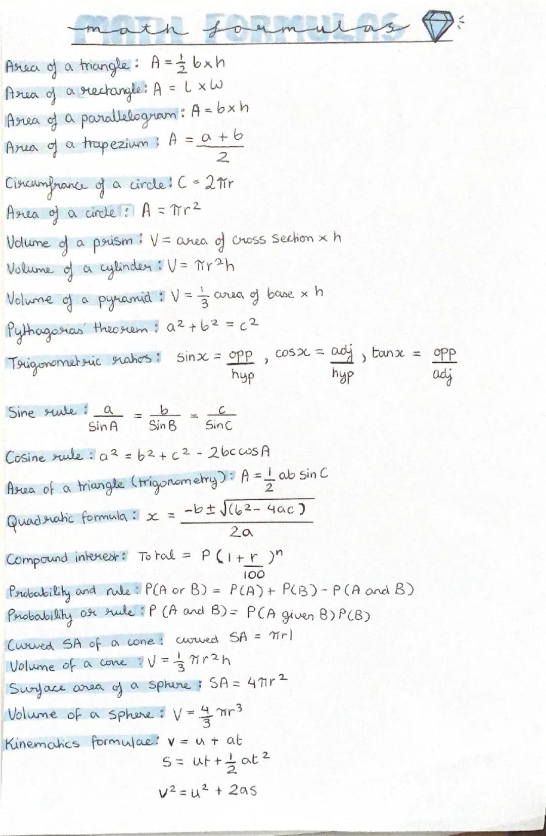 math formulas
Area of a triangle: A = = 6 x h
Area of a rectangle: A = LxW
Area of a parallelogram: A=bxh
Area of a trapezium: A = a +6
2
Ci