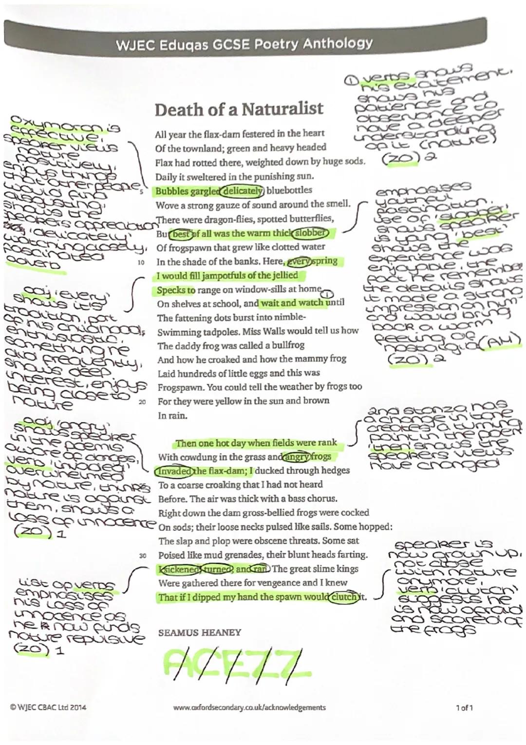 WJEC Eduqas GCSE Poetry Anthology

exymoron is
Speaker views
nature
positiveщ
Death of a Naturalist
All year the flax-dam festered in the he