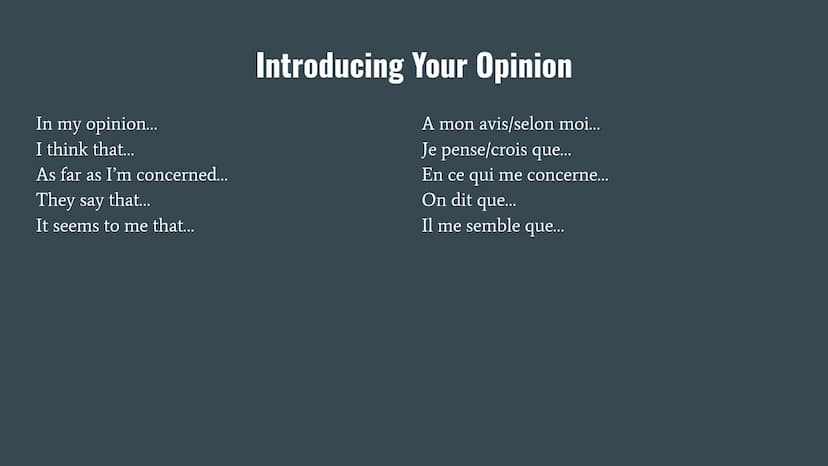 Basic French Verb Phrases In my opinion.…..
I think that...
As far as I'm concerned...
They say that...
It seems to me that...
Introducing Y