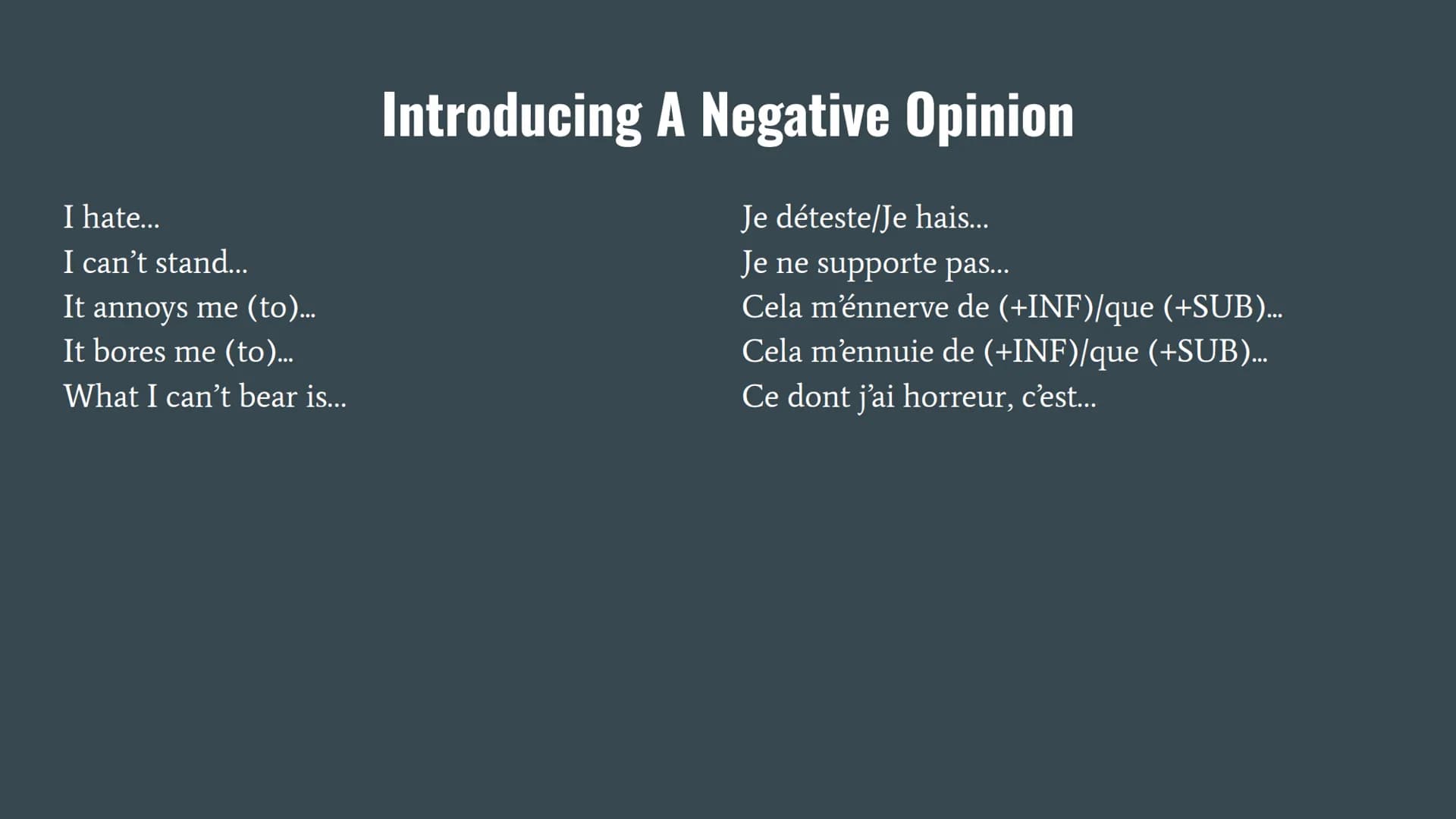 Basic French Verb Phrases In my opinion.…..
I think that...
As far as I'm concerned...
They say that...
It seems to me that...
Introducing Y