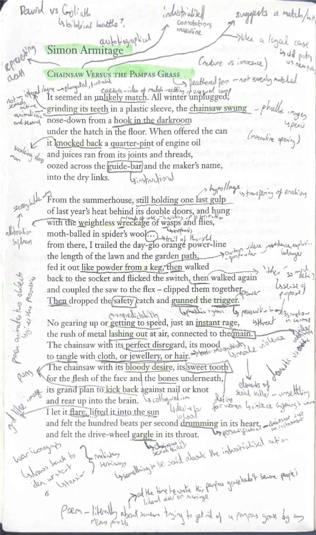 # David vs Goliath
*a biblical battle?
# Simon Armitage
autobiographical
# CHAINSAW VERSUS THE PAMPAS GRASS
It seemed an unlikely match. All