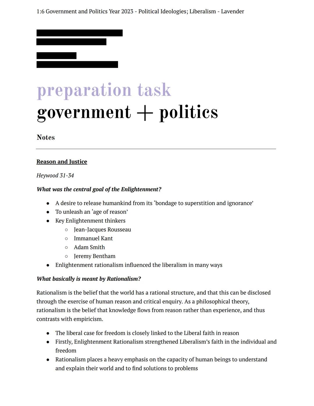 1:6 Government and Politics Year 2023 - Political Ideologies; Liberalism - Lavender
=
task
preparation
government politics
Notes
Reason and 