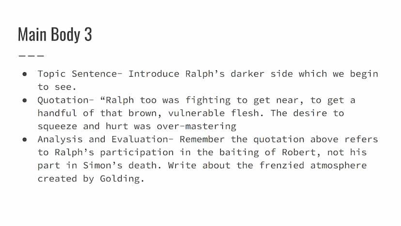 Lord of the Flies
Critical Essay- Character of Ralph Introduction
Open with quote: "He lost himself in a maze of thoughts
that were rendered