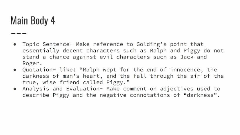 Lord of the Flies
Critical Essay- Character of Ralph Introduction
Open with quote: "He lost himself in a maze of thoughts
that were rendered