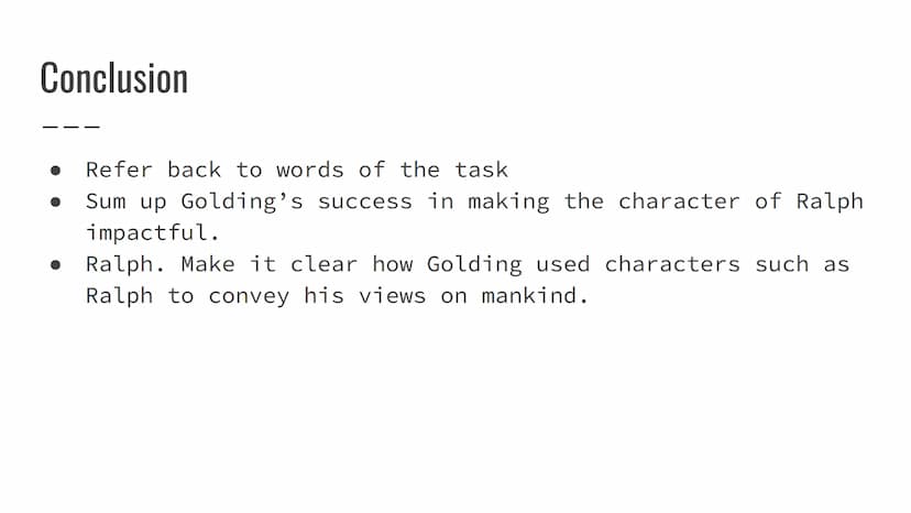 Lord of the Flies
Critical Essay- Character of Ralph Introduction
Open with quote: "He lost himself in a maze of thoughts
that were rendered