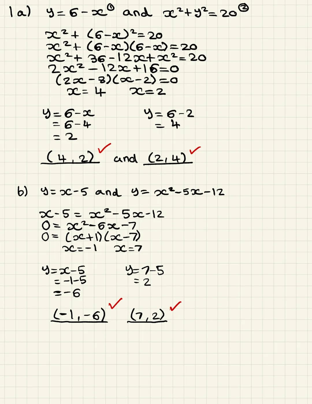 SIMULTANEOUS EQUATIONS
1.
2.
3.
4.
Solve the simultaneous equations:
a)
b)
c)
y = 6-x
x² + y² = 20
y = x-5
y = x²5x12
2x + y = 11
xy = 15
a)