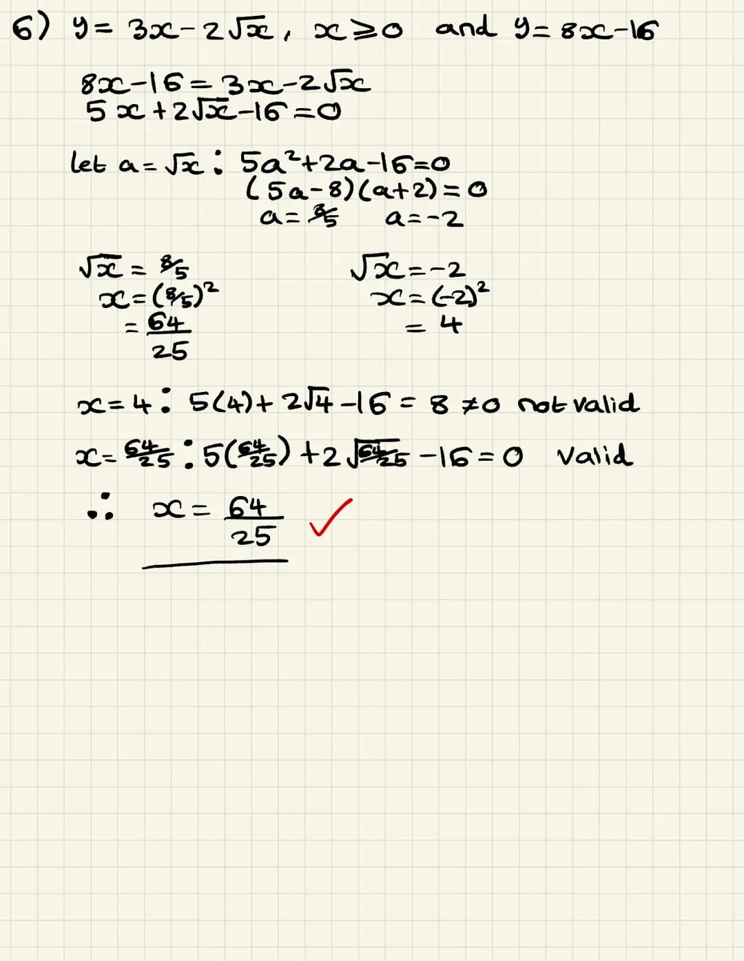 SIMULTANEOUS EQUATIONS
1.
2.
3.
4.
Solve the simultaneous equations:
a)
b)
c)
y = 6-x
x² + y² = 20
y = x-5
y = x²5x12
2x + y = 11
xy = 15
a)