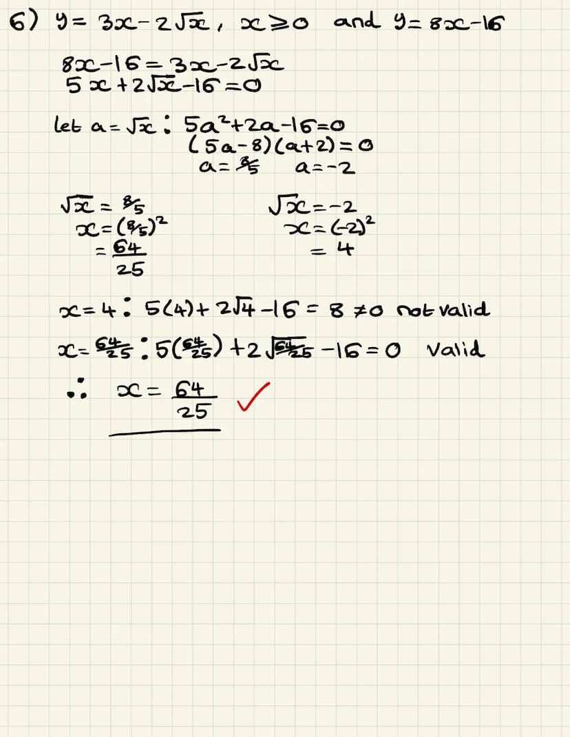 SIMULTANEOUS EQUATIONS
1.
2.
3.
4.
Solve the simultaneous equations:
a)
b)
c)
y = 6-x
x² + y² = 20
y = x-5
y = x²5x12
2x + y = 11
xy = 15
a)