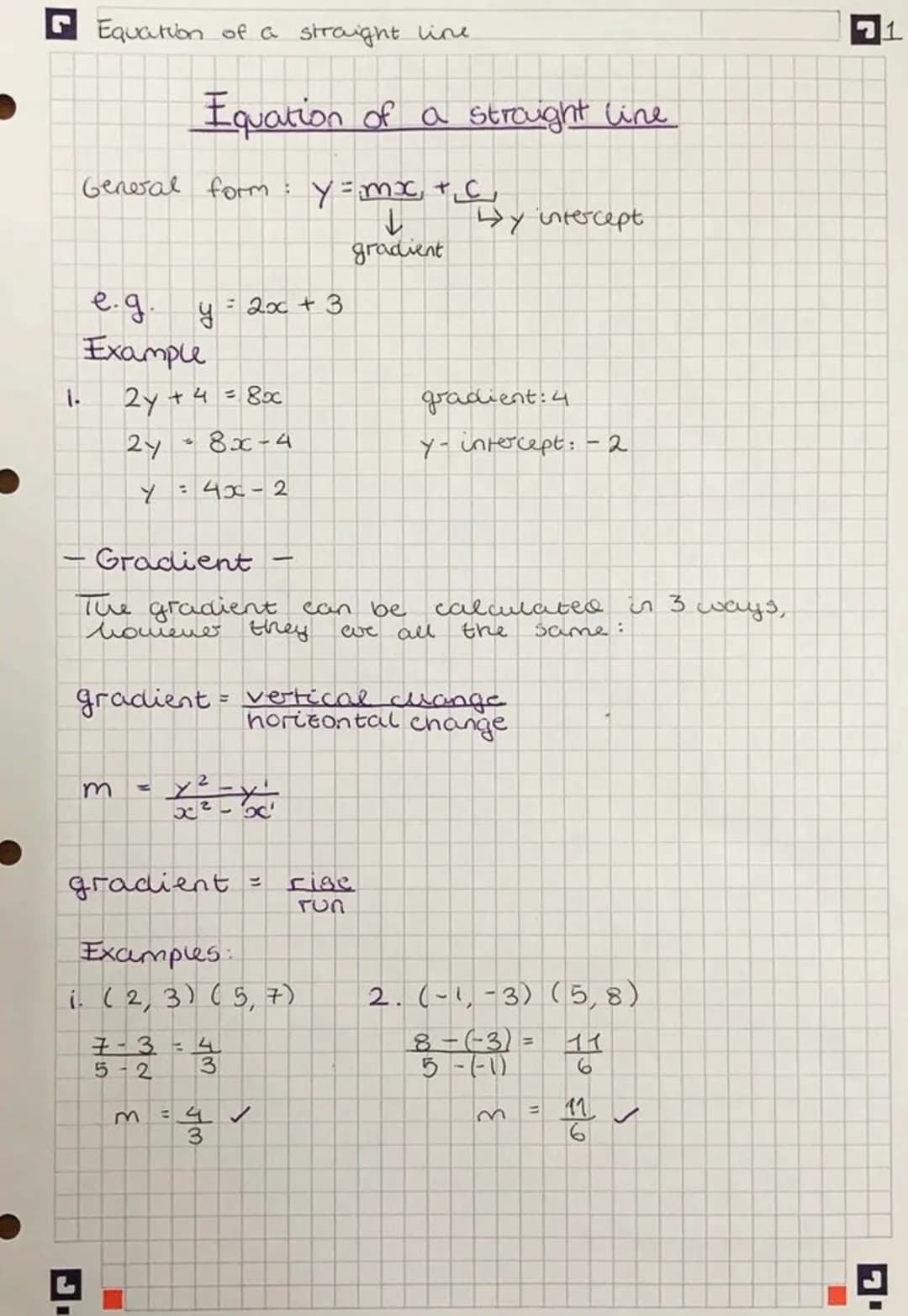 Equation of a straight line
1.
Equation of a straight line
General form: y = mx + ₁ c
↓
gradient
e.g.
Example
2y + 4 = 8x
2y = 8x-4
Y = 4x-2