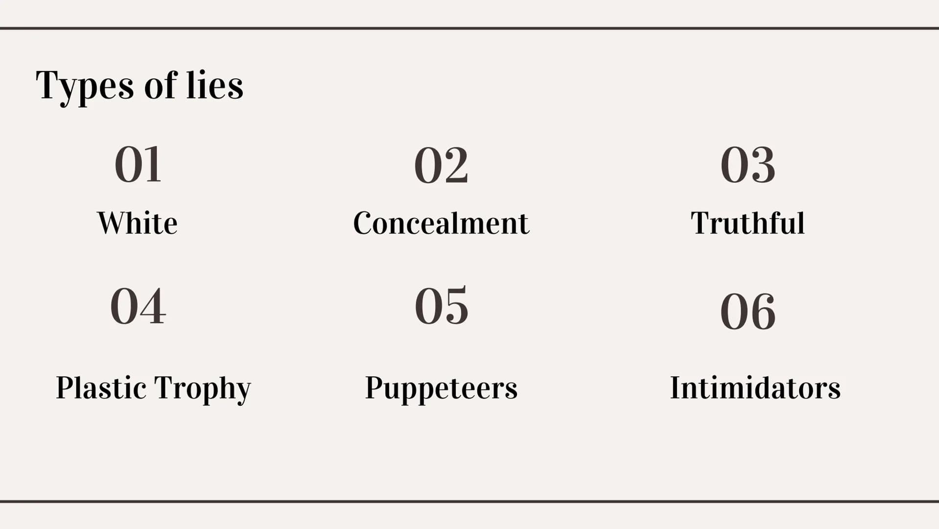 THE TRUTHS OF LYING 01
WHAT IS LYING?
Types Of Lies
Effects on the brain Types of lies
01
White
04
Plastic Trophy
02
Concealment
05
Puppetee