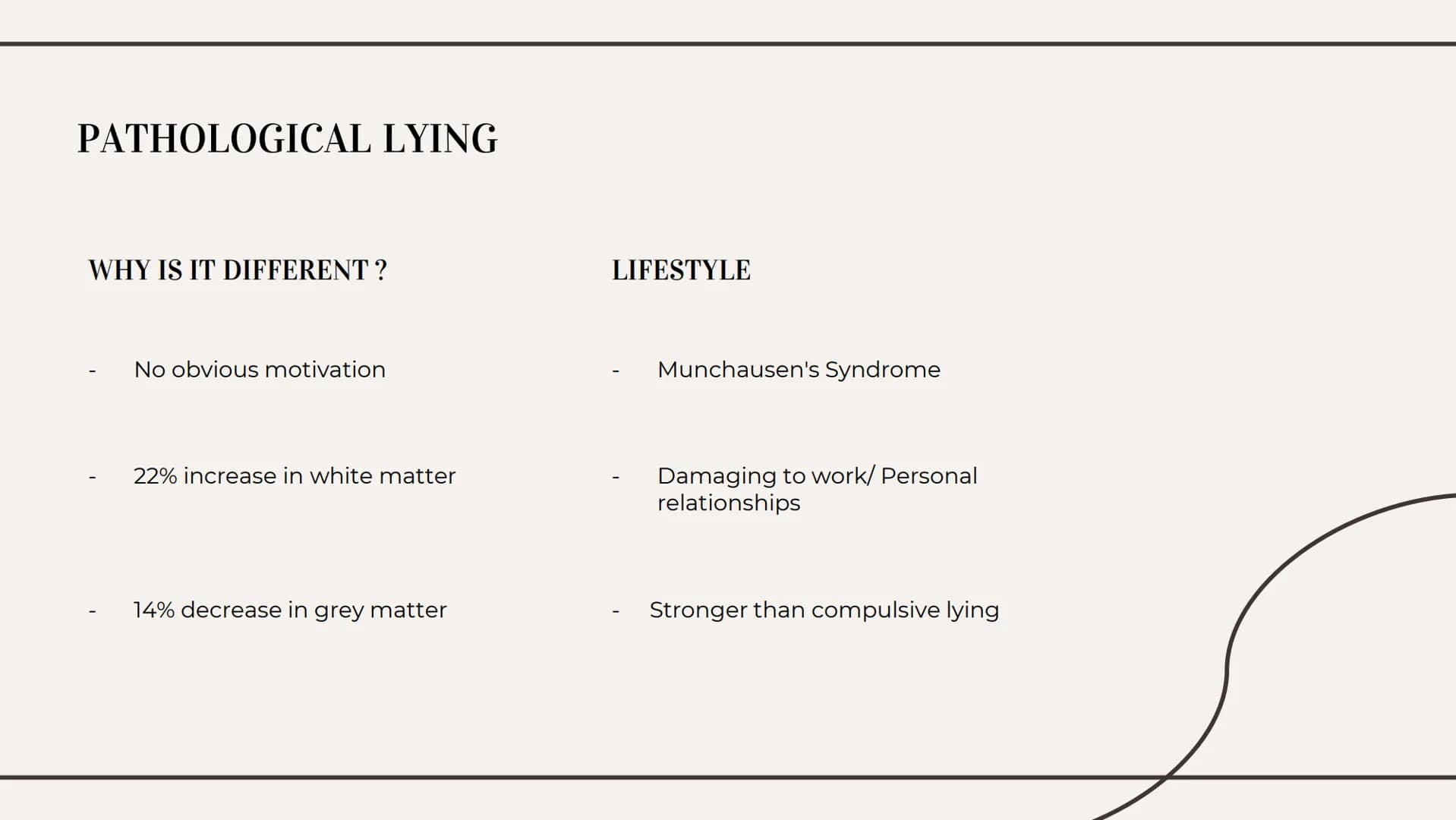 THE TRUTHS OF LYING 01
WHAT IS LYING?
Types Of Lies
Effects on the brain Types of lies
01
White
04
Plastic Trophy
02
Concealment
05
Puppetee