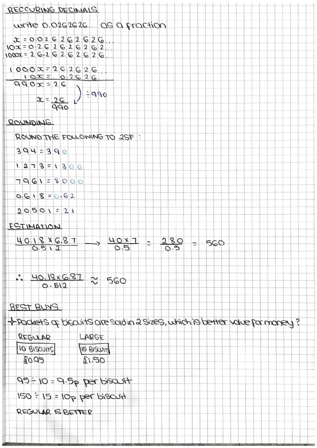Recurring decimals + rounding + estimation + best buys GCSE