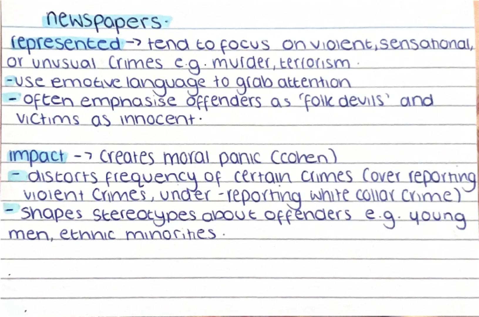 # ACI.4

Describe media representation
of crime.

CRIMINOLOGY newspapers-
represented tend to focus on violent, sensational,
or unusual Crim