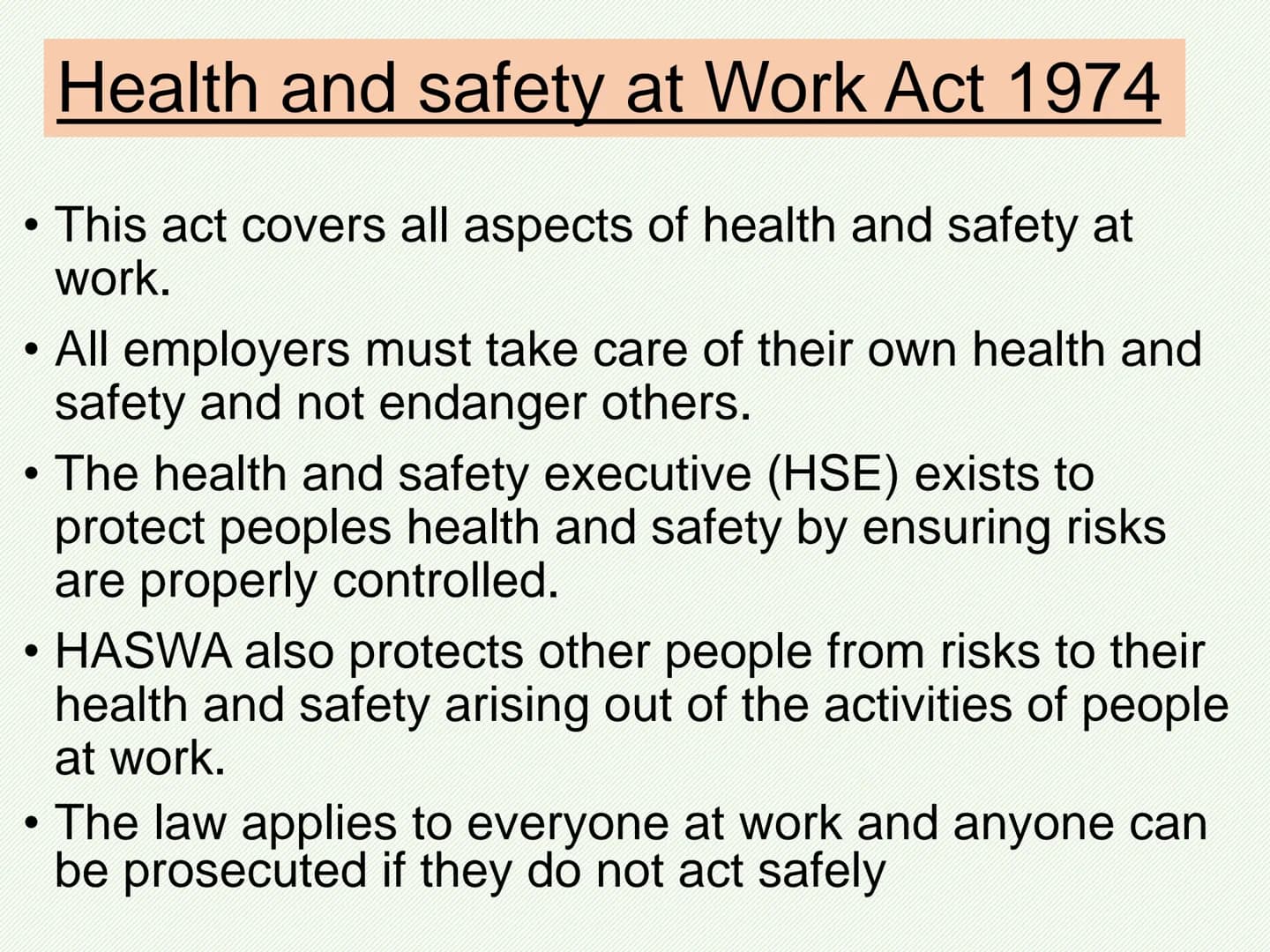 AC3.1 personal safety responsibility
Abbreviation Full name
HASAWA
RIDDOR
COSHH
PPER
MHR
Health and safety at work act 1974
Reporting of inj