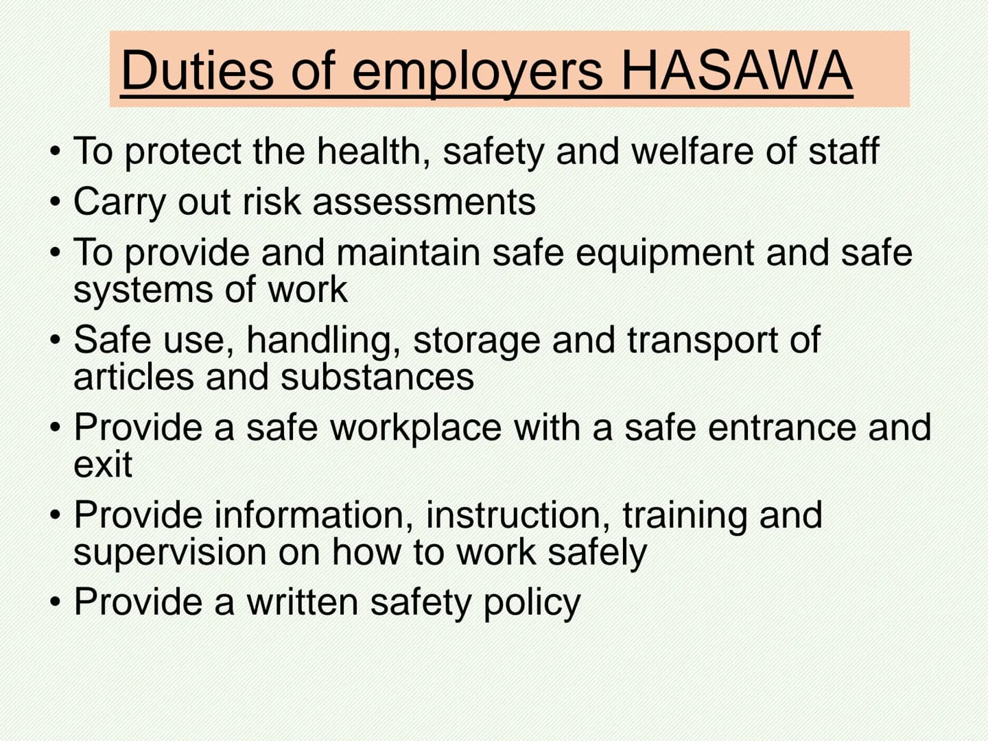 AC3.1 personal safety responsibility
Abbreviation Full name
HASAWA
RIDDOR
COSHH
PPER
MHR
Health and safety at work act 1974
Reporting of inj
