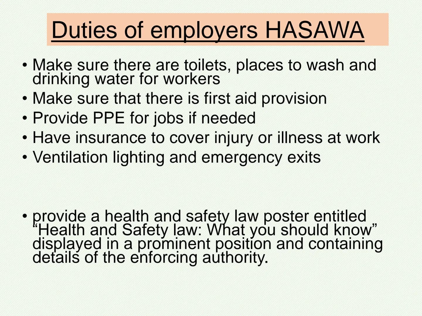 AC3.1 personal safety responsibility
Abbreviation Full name
HASAWA
RIDDOR
COSHH
PPER
MHR
Health and safety at work act 1974
Reporting of inj