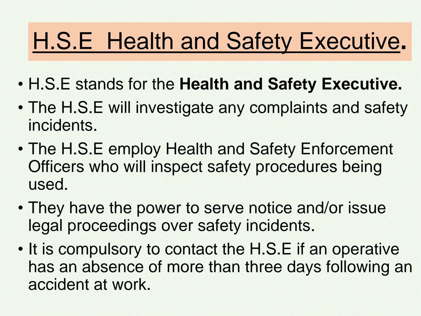 AC3.1 personal safety responsibility
Abbreviation Full name
HASAWA
RIDDOR
COSHH
PPER
MHR
Health and safety at work act 1974
Reporting of inj
