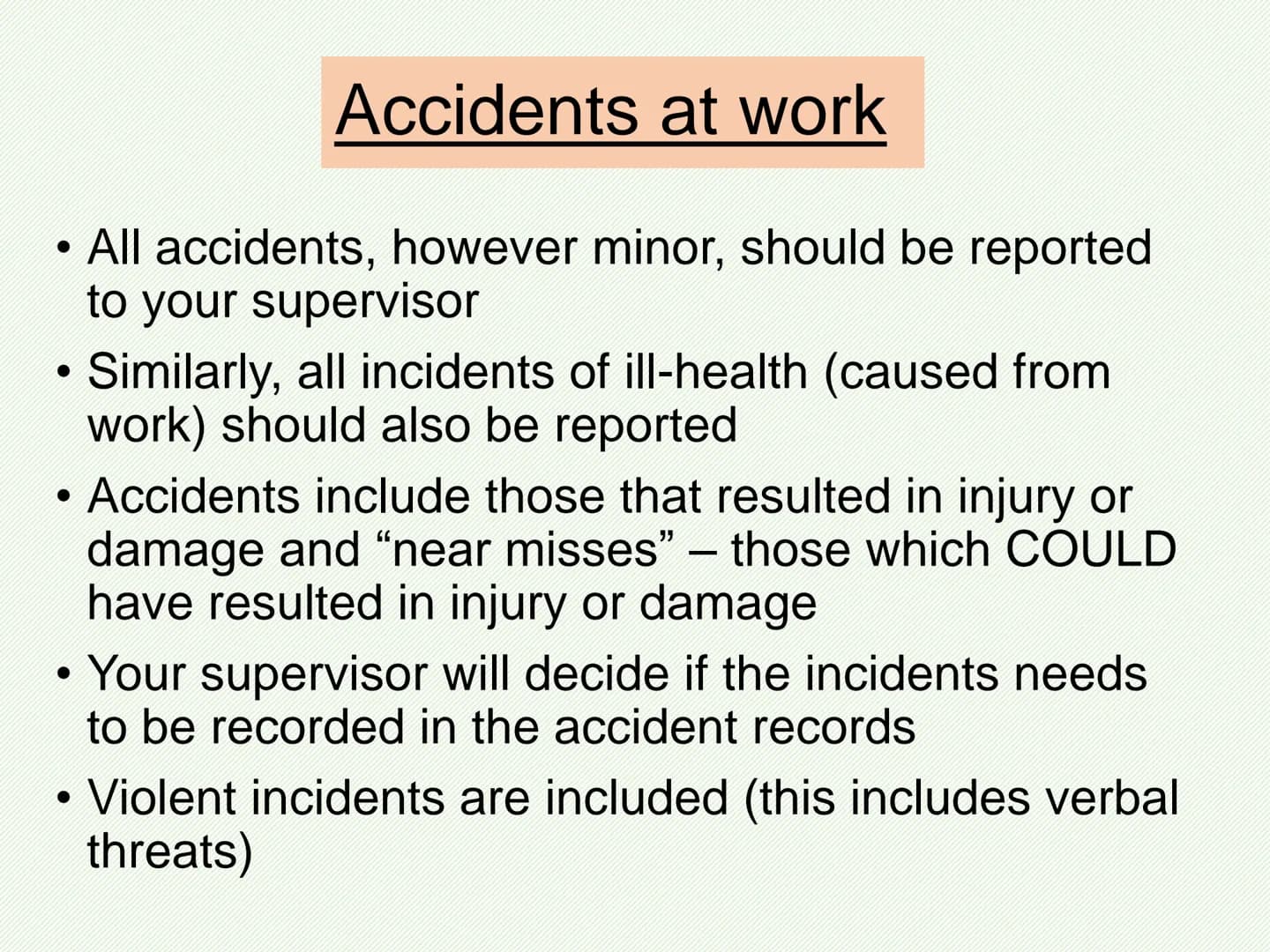 AC3.1 personal safety responsibility
Abbreviation Full name
HASAWA
RIDDOR
COSHH
PPER
MHR
Health and safety at work act 1974
Reporting of inj